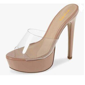XYD Nude Platform Slide Mules Stiletto Heel Peep Toe Sandals Transparent Shoes